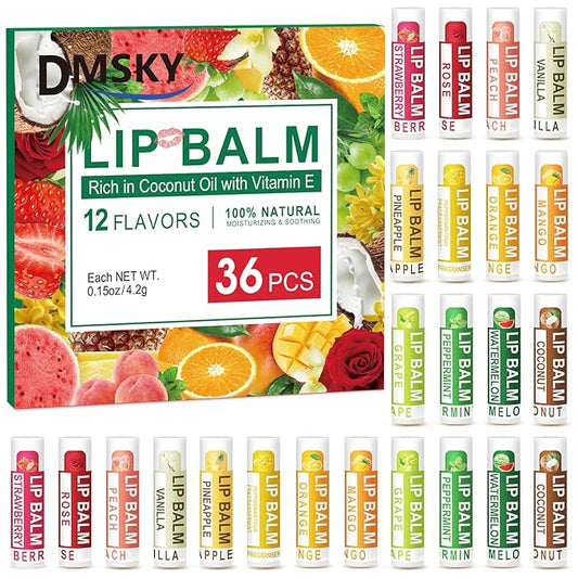 DMSKY Natural Lip Balm Bulk 36 Pack, Moisturizing Lip Balm with Vitamin E and Coconut Oil, Lip Care Product for Chapped Lips-12 Flavors
