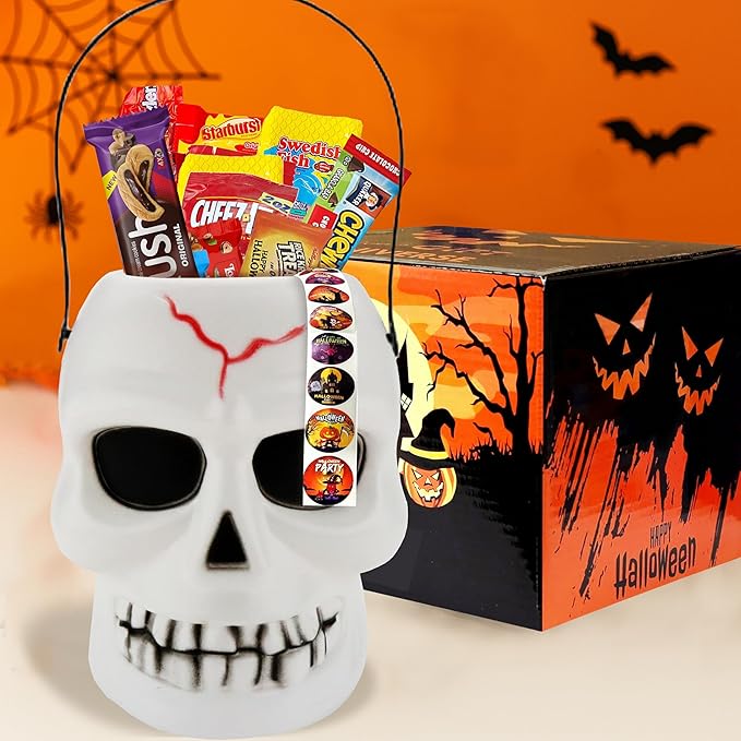 Halloween Assorted Skull Bucket (32 Count) Filled with Candies, Snacks, Cookies and more, Treats for Family, Friends, Kids, Boys and Girls