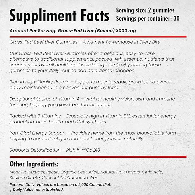Beef Liver Supplement Grass Fed | Beef Organs Gummies for Women | Pasture Raised in New Zealand | High in Vitamin A B12 & Heme Iron | Non-GMO | Hormone & Pesticide Free | Tastes Delicious | 60 Gummies