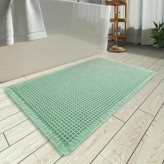 AMOAMI Upgraded Waffle Bath Mat, Super Absorbent Non Slip Bath Mats for Bathroom Floor, Machine Washable Bathroom Rugs with Tassels, Rubber Backed Bathroom Mats, Ultra Soft, 17" x 24", Sage
