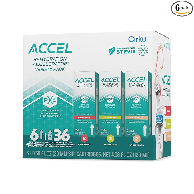 Cirkul Accel Electrolytes Flavor Water Variety Pack, Makes 36 Drinks, No Sugar, Zero Calorie Drink Mix, (2 Grapefruit, 2 Lemon Lime, 2 White Peach)