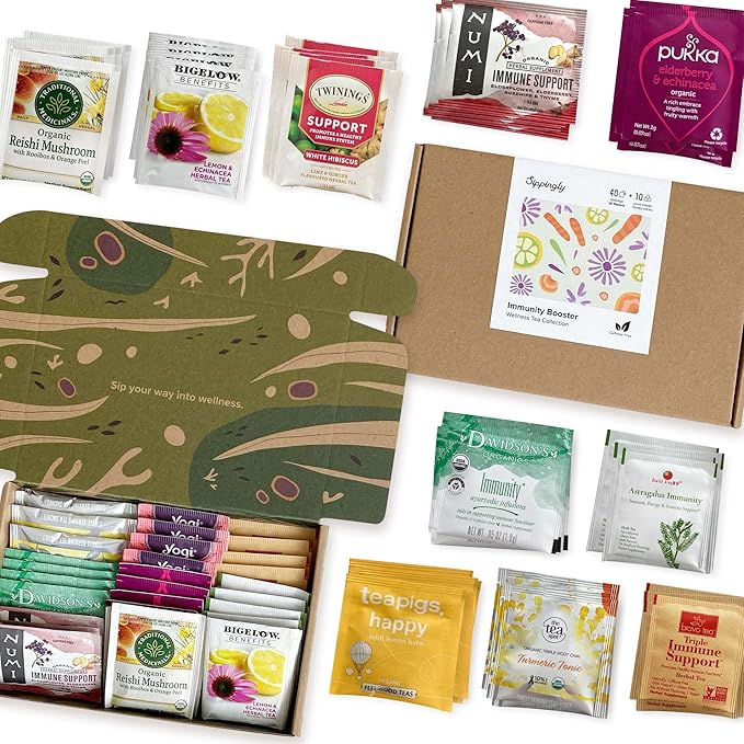 Sippingly Immune Support Tea Collection - 40 Tea Bags, 10 Immune-Supporting Flavors - Featuring Echinacea, Elderberry, Astragalus & Turmeric - All-Natural, Kosher, Gluten-Free - Ideal for Immune Health and Wellness Gifts