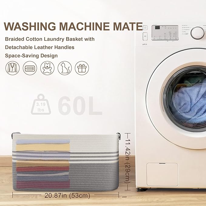 60L Large Laundry Basket with Leather Handles for Living Room Storage, Woven Rope Baskets Bin for Blanket, Kids Toy, Gifts, Wicker Hamper for Bedroom Dirty Clothes, 21"x15"x11" White Grey