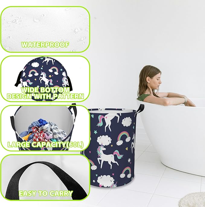 Laundry Basket Unicorns and Rainbows Laundry Hamper Large Laundry Basket Storage Basket Tote Bag Collapsible Organizer Basket for Bathroom,Laundry,Bedroom 17.3 x16.5 Inch