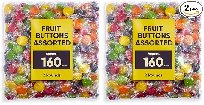 Assorted Fruit Buttons Hard Candy - 2 Pounds Approx 160 Pieces Assorted Candy - Holiday Candy Old Fashioned (Pack of 2)