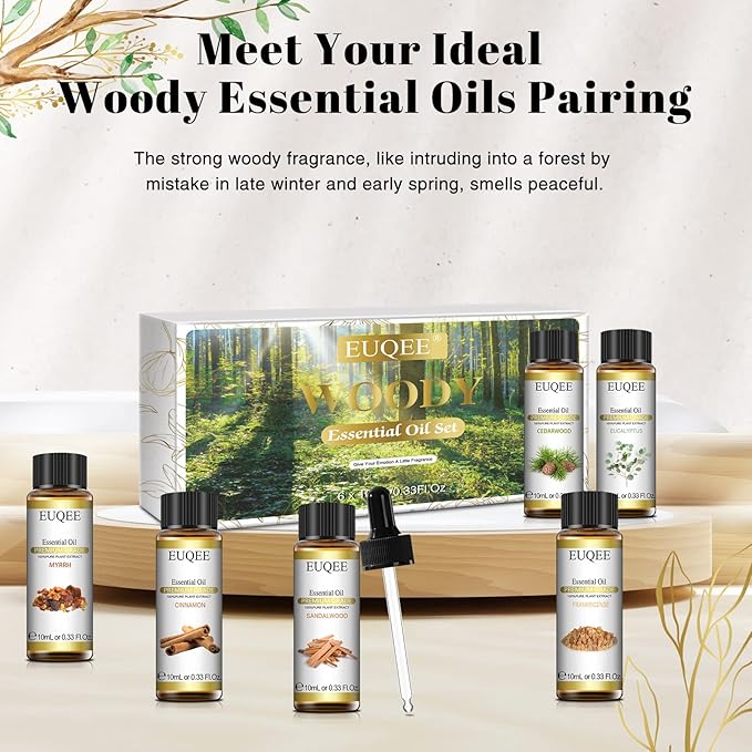 EUQEE 10ml Woody Essential Oils Set - Pure & Nature Essential Oils for Aromatherapy, Diffuser, Candle Making, Massage - Eucalyptus, Cedarwood, Sandalwood, Frankincense, Cinnamon