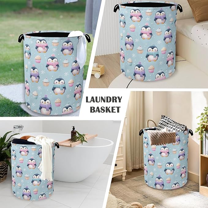Cute Penguin Laundry Basket,Snowflake Cake Foldable Oxford Cloth Tote Bag Laundry Hamper Clothes Storage Bucket Organizer for Bedroom Laundry Storage Dormitories 16" x 20.8"