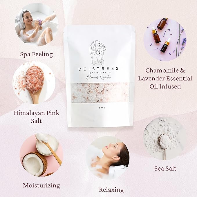 Soothing Bath Salts – 8 oz Relaxing Chamomile Lavender Soak with Epsom Salt, Himalayan Pink Salt and Sea Salt – Natural, Calming, Stress Relief and Soft Skin