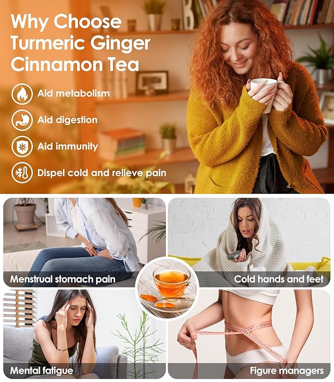 60Pcs Turmeric Ginger Cinnamon Tea, Natural Turmeric Herbal Tea, Improve Digestion, Support Skin, Sleep, Eco-Conscious Teabags, No Sugar, No Caffeine, No Gluten