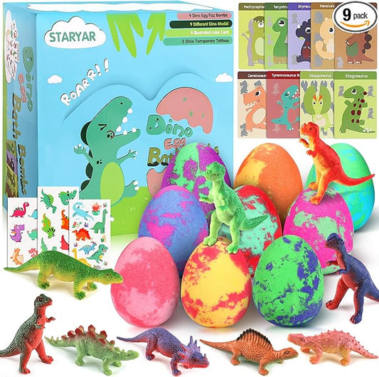 Bath Bombs for Kids with Surprise Toys Inside - 9 Pack Dinosaur Bath Bombs Gift Set, Dinosaur Toys for Kids 3 4 5 6 7 8 9 Years, Valentines Day Gifts for Kids, Birthday Gifts Bubble Bath Fizzes