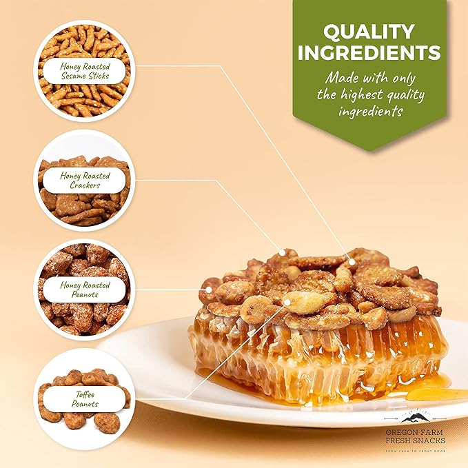 Oregon Farm Fresh Snacks Honey Roasted Mixed Nuts Snack Mix - Locally Made Honey Roasted Peanuts, Toffee Peanuts & Sesame Sticks Snacks - Perfect Sweet & Salty Nut Mix (16oz) (Pack of 2)