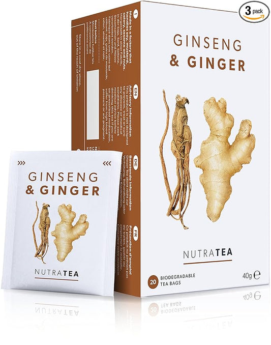 Nutra Tea - Ginger & Ginseng Tea - 60 Tea Bags - Herbal Tea – (3 Pack)
