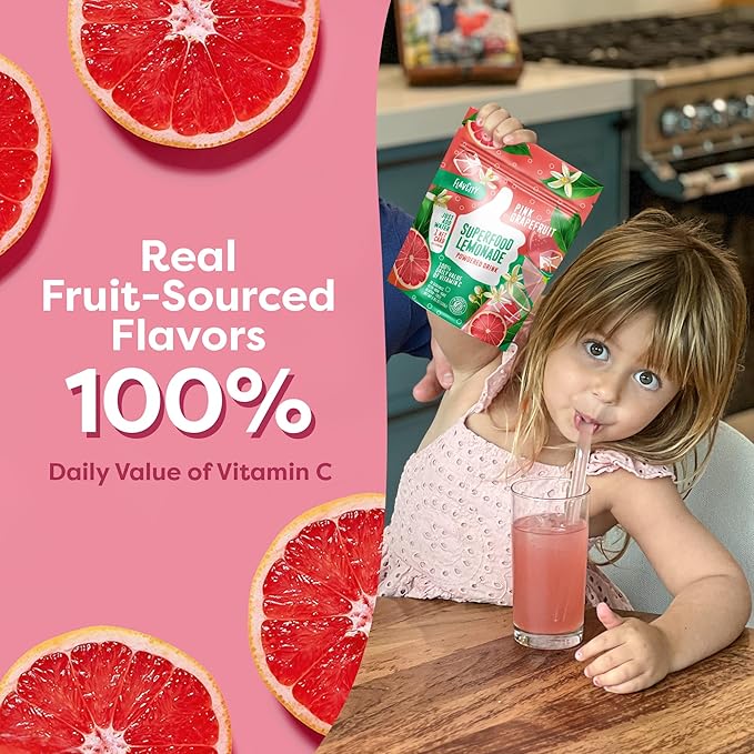FlavCity Pink Grapefruit Superfood Lemonade Drink Mix - Sugar-Free Lemonade Powder with Real Crystallized Grapefruit & Organic Acerola - 100% DV Vitamin C - Keto, Gluten-Free, Non-GMO (30 Servings)