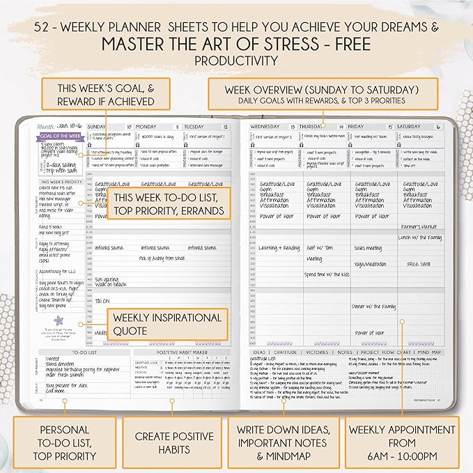 Hourly Planner - Undated Weekly & Monthly Planner, 12-Month Journey to Increase Productivity | Gratitude Journal, Life Organizer & Goal Journal | Include Foldable Vision Board, Habit Tracker & Sticker