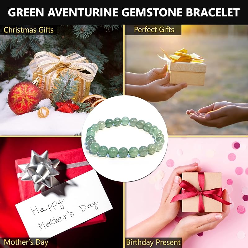 Green Aventurine Bracelet, Natural Healing Crystal Bracelet for Women and Men, 8mm Round Beaded Bracelet for Wealth, Prosperity, Elastic Adjustable Size Gemstone Bead Bracelet for Attract Success