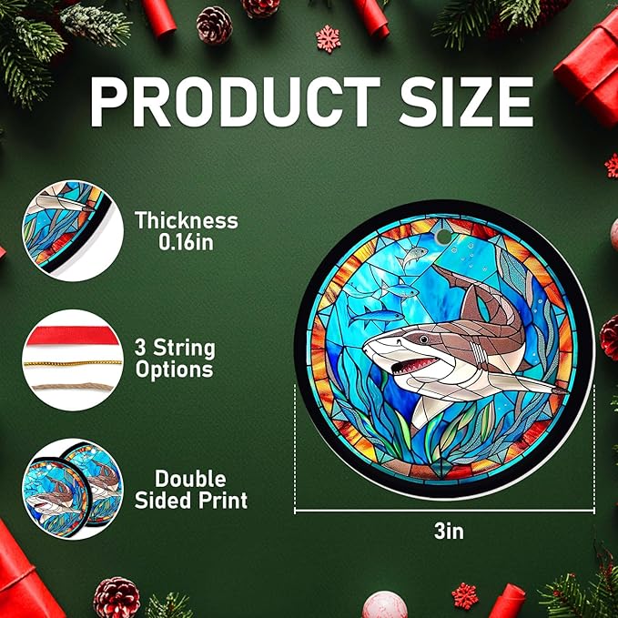 34HD Gifts for Christmas, 2.9"" Ceramic Hanging Ornament for Christmas Tree, Lightweight Both Sides Printed Flat Ornament, Christmas Decoration, Shark
