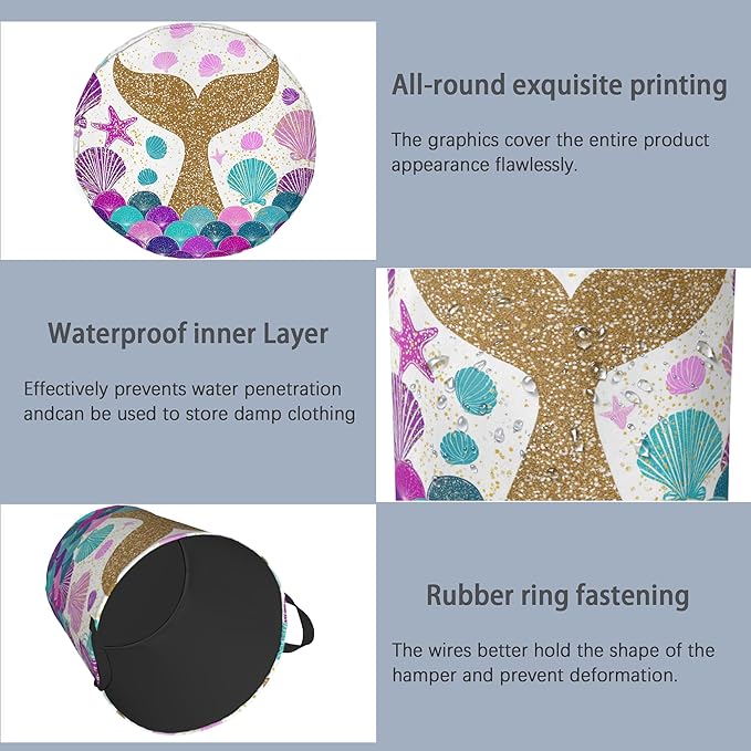Fish Scales Laundry Basket,Mermaids Seashell Foldable Oxford Cloth Tote Bag Laundry Hamper Clothes Storage Bucket Organizer for Bedroom Laundry Storage Dormitories 16" x 20.8"