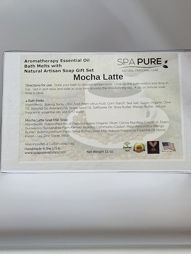 Spa Pure Aromatherapy Gift Set: Mocha Latte Artisan soap, 4 Bath Melts, Made in USA with Plant Based Ingredients, Essential Oils, All Natural, Cotton Soap Bag