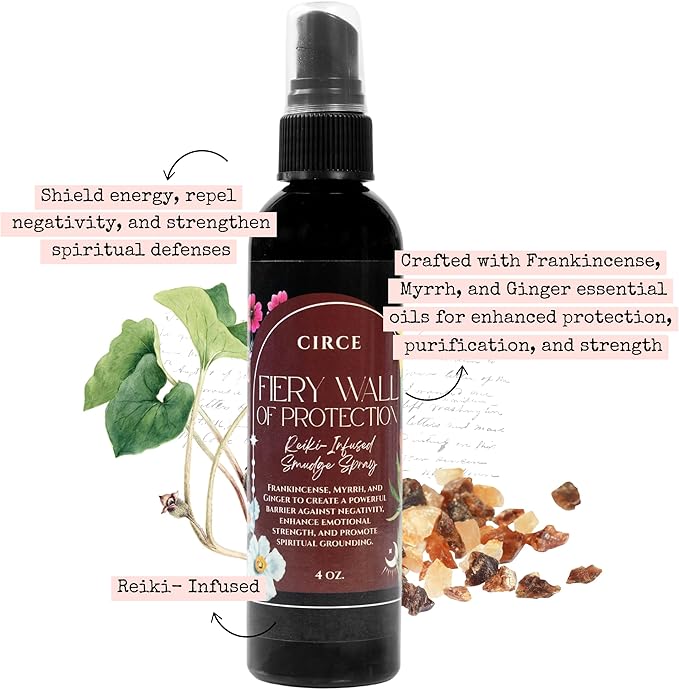 Circe Fiery Wall of Protection Smudge Spray – 100% Natural Smoke Free Alternative for Energetic Protection of Self & Space - Frankincense, Myrrh & Ginger - Negativity Guard, Self Care, Gift - 4oz