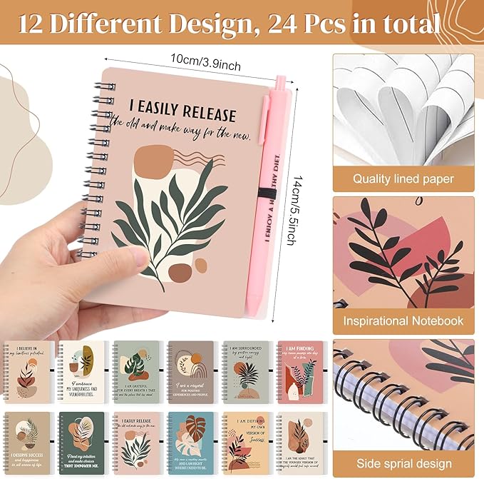 Kosiz 48 Pcs/24 Set Positive Affirmation Gifts Gratitude Spiral Notebooks with Pens Motivational Encouragement Notepads Daily Affirmations Journal for Women (Plant)