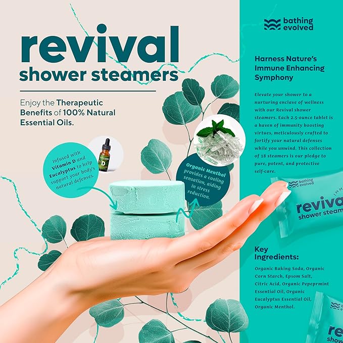 Revival Immune Shower Steamers Aromatherapy – with Natural Eucalyptus for Shower & Vitamin D3 for Stress & Cold Relief – Long-Lasting Steamers for Relaxation & Sinus Support (18 Pack)