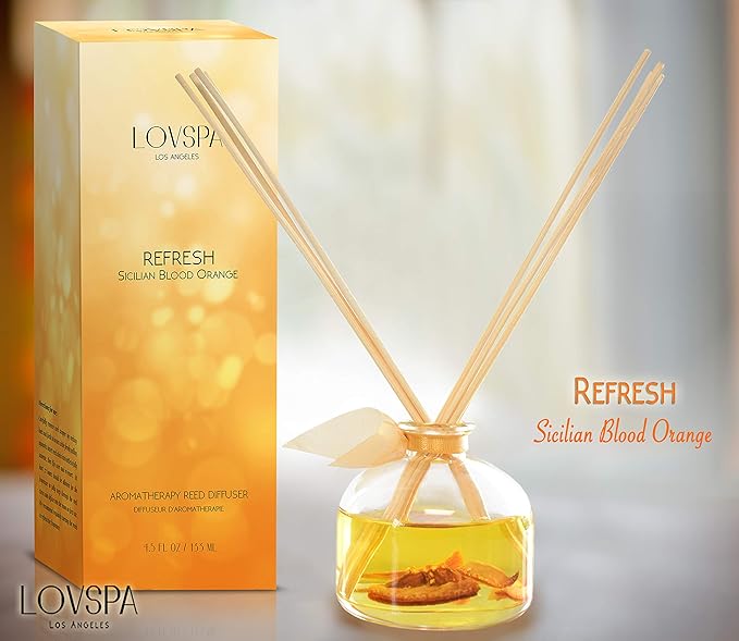 LOVSPA Reed Diffuser Set, Refresh Sicilian Blood Orange Scented Oil Diffuser with Sticks, Home Fragrance Accessories for Bathroom Shelf Decor, Aroma Diffusers for Home or Office Desk, USA Made