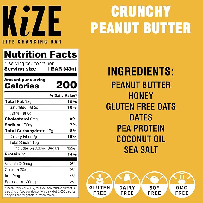 KiZE Energy Bars - Crunchy Peanut Butter - 30-Count - Gluten Free, Dairy Free, Non-GMO, and High Protein Meal Replacement Energy Bars, Clean and Simple Food Ingredients - 7g High Protein Snacks (30 Count)