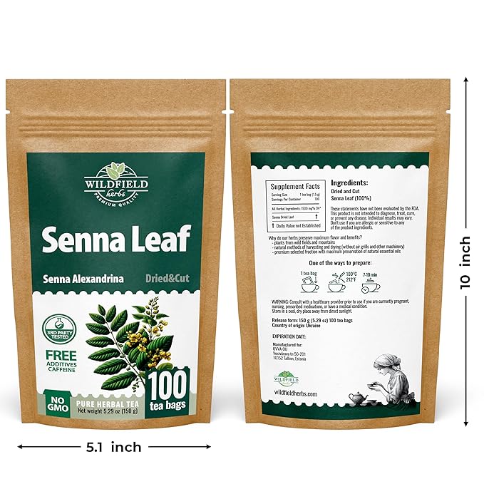 100 Bags Senna Leaf Senna Leaves Tea Herbal Tea (Senna Alexandrina) - 100 Count 1.5g Bags Hoja De Sen Hojas De Sen Para Te