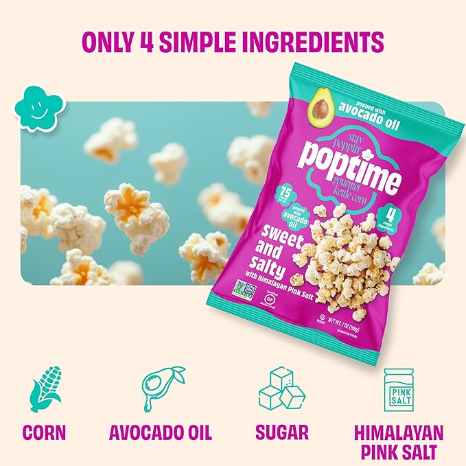 Poptime Kettle Cooked Popcorn Snack Bags – Sweet & Salty Kettle Corn Popcorn Bags, Healthy Snack With Avocado Oil & Himalayan Pink Salt, Gluten Free, Vegan, Low Calorie, Non-GMO - 7 oz - Pack 12