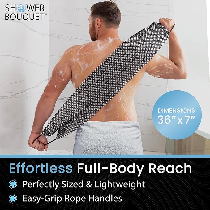 Japanese Exfoliating Washcloth for Back & Body - Charcoal & Silver Ion Exfoliating Towel with Handles - Two-Sided Gentle Exfoliation & Deep Cleansing Soft Body Wash Cloths for Shower - White