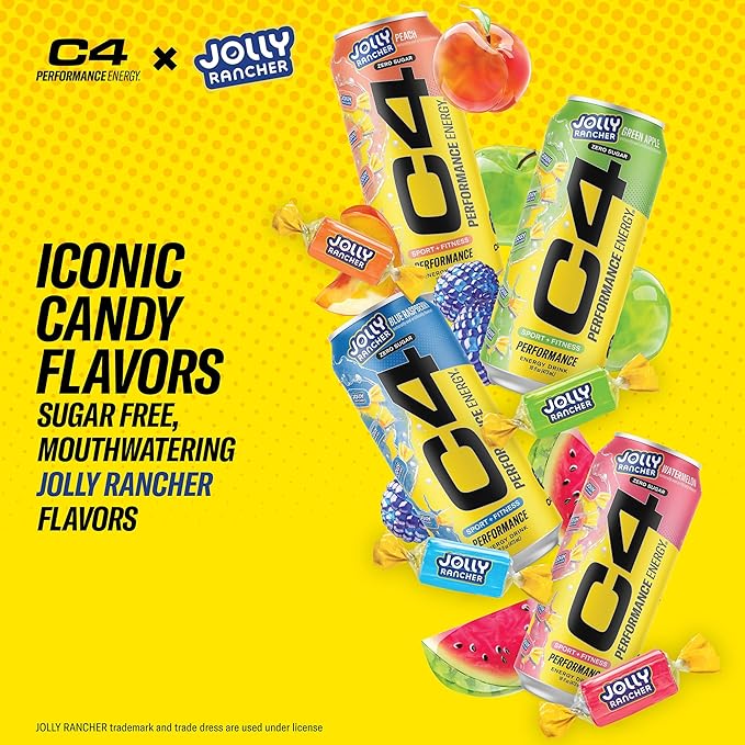 Cellucor C4 Performance Energy Drink | JOLLY RANCHER Blue Raspberry | Zero Sugar Carbonated Preworkout Energy | 200mg Caffeine with Beta Alanine | 16 Fl Oz (24 Pack)