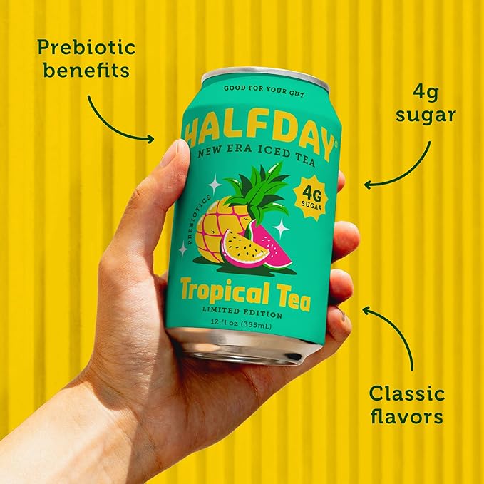 HALFDAY Prebiotic Iced Tea, Tropical Tea, Supports Digestive & Gut Health, Plant Fiber & Prebiotics, Low Sugar, 30 Calories, Natural Caffeine, Gluten Free, 12 fl oz (12 pack) Packaging May Vary