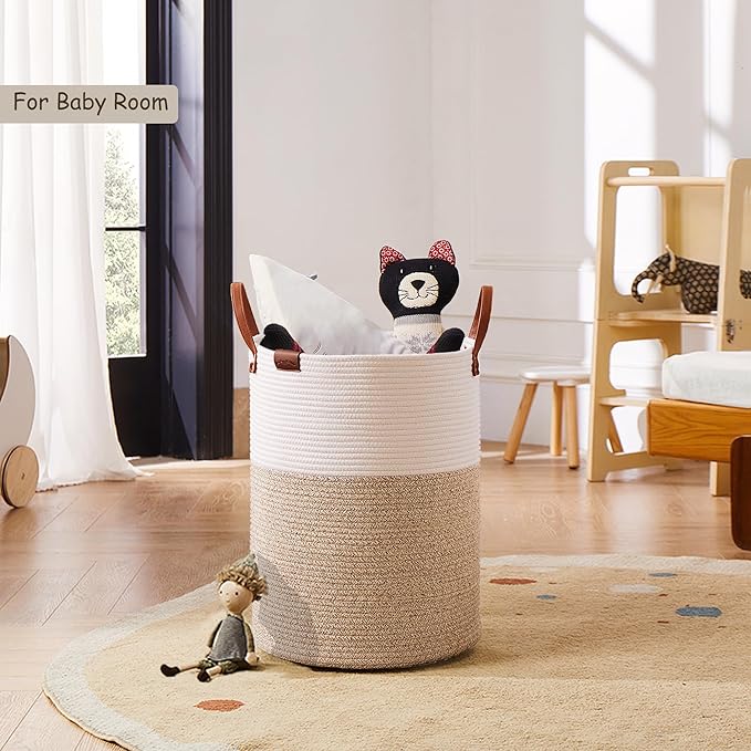 62L Woven Rope Hamper Laundry Basket for Clothes Hamper in Living Room Bedroom Bathroom for Nursery Kids Brown Large Tall