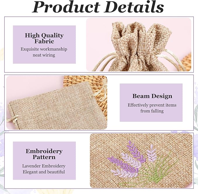 12 Pcs Lavender Sachet Bags, Empty Linen Gift Bags with Drawstring Lavender Canvas Pouch for Spice Jewellery DIY Craft Wedding Party