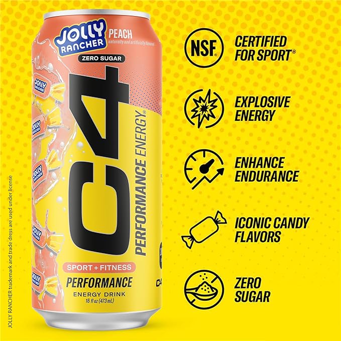 Cellucor C4 Performance Energy Drink | JOLLY RANCHER Peach | Zero Sugar Carbonated Preworkout Energy | 200mg Caffeine with Beta Alanine | 16 Fl Oz (24 Pack)