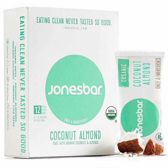 JONESBAR (Coconut Almond, 12 Count (Pack of 1)) USDA Organic Fruit & Nut Bar, Non-GMO, Kosher, Vegan, Gluten Free, Simple Snack Bar