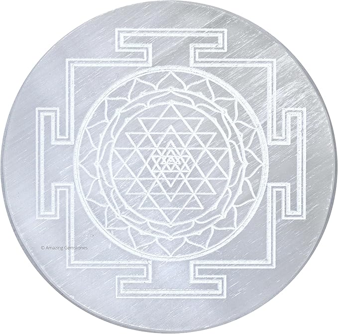Amazing Gemstone Selenite Crystal Charging Plate For Crystals And Healing Stones, 3" Selenite Crystal Plate Engraved Sri Yantra Coaster For Home, Office Table Decor (Selenite Round Disc)