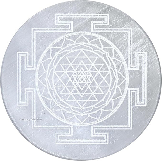 Amazing Gemstone Selenite Crystal Charging Plate For Crystals And Healing Stones, 3" Selenite Crystal Plate Engraved Sri Yantra Coaster For Home, Office Table Decor (Selenite Round Disc)