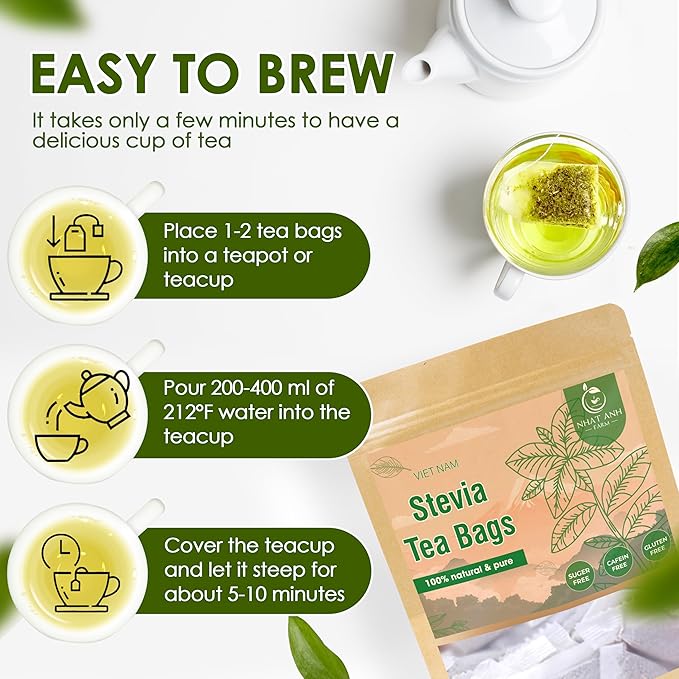 NHAT ANH FARM - Premium Stevia Tea Bags, 40 Stevia Tea Bags, 100% Natural Dried Leaves, Naturally Sweet Herbal Tea, Sugar-Free, Caffeine-Free, No Additives.