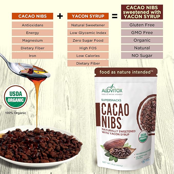 Alovitox Cacao Nibs With Organic Yacon Syrup | Healthy Protein Bite Snack (Raw, Non-GMO, Sugar Free, Keto, Paleo, Gluten Free & Vegan) | Antioxidant With Criollo Chocolate Extracts | 8 Oz