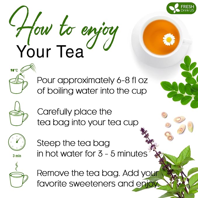 FreshDrinkUS, Premium 135 Tea Bags Tulsi Moringa Lemongrass, 100% Natural & Pure from Tulsi Holy Basil Leaves, Moringa & Lemongrass. Made with Natural Material Tea Bags. No Sugar, No Caffeine, Vegan.