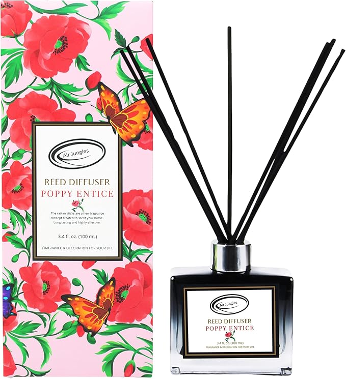 Air Jungles Poppy Entice Fragrances Reed Diffuser Set with Sticks, Poppy Entice Scent Incense Oil, Essential Oil Air Freshener for Home, Office, Gym, and Room Diffuser, 3.4 fl. oz