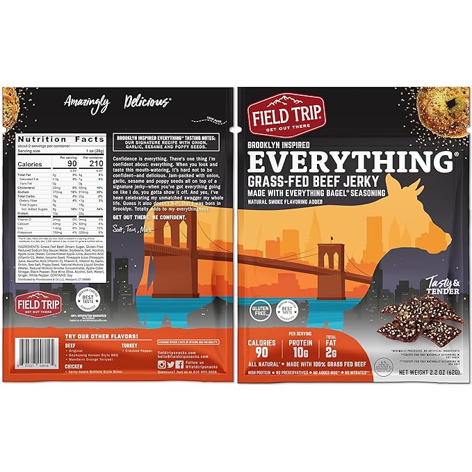 Field Trip Grass Fed Beef Jerky, Healthy Gluten Free Snacks, All Natural, Paleo-Friendly Beef Jerky, High Protein, Low Carb Snack with No Nitrates, 2.2oz Bag, 4 Pack, Everything Bagel