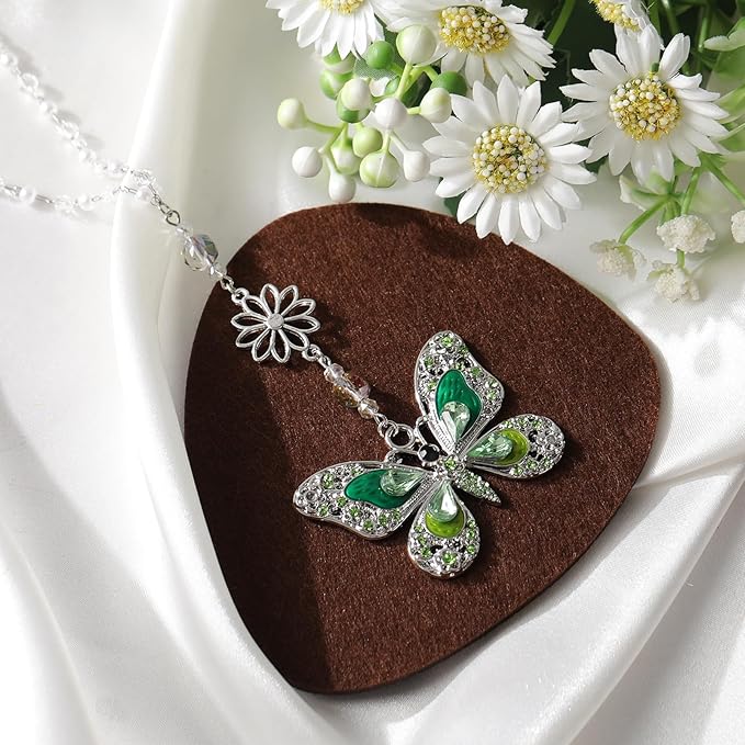 Green Crystal Butterfly Car Charm - Rear View Mirror Hanging Ornament, Sun Catcher Window Pendant for Car Interior Decoration, Christmas Birthday Gifts for Mom Aunt Women