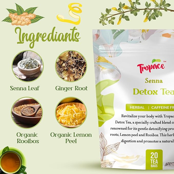 Tropace Senna Leaf Herbal Tea – Caffeine-Free, 20 Tea Bags Infused with Senna, Ginger, Rooibos & Lemon Peel – Rooted in Africa, Packed in USA, 1.8 oz (50g)