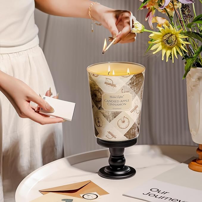 HomeLights 3-Wick Candles for Home Scented - 34oz Soy Wax Blend Candle Long-Lasting Fragrance, Rustic Modern Home Decor and Housewarming Gifts, Candied Apple Cinnamon