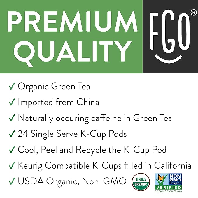 FGO Organic Green Tea K-Cup Pods for Keurig, 24 Count (Pack of 1), Premium Green Tea is USDA Organic, Non-GMO, & Recyclable with Naturally Occurring Caffeine