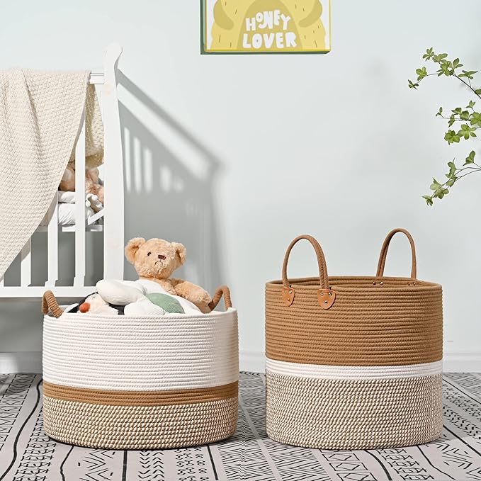 KAKAMAY Large Blanket Basket (18"x18"x16"),Woven Baby Laundry Hamper for Storage, Cotton Rope Blankets Baskets for Nursery, Laundry, Living Room, Pillows, Baby Toy chest with Handles (Brown)