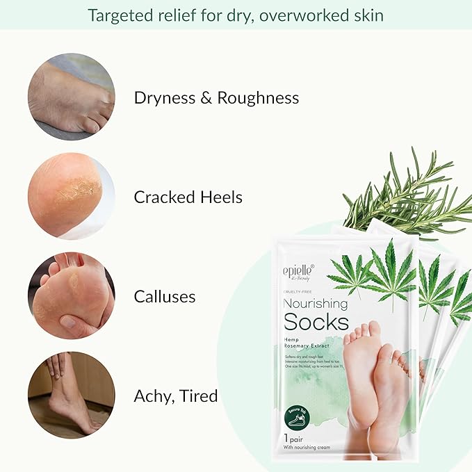Epielle Nourishing Foot Masks 6 Pairs, Deep Moisturizing Socks for Dry Feet & Cracked Heels, Repair and Nourish with Hemp & Rosemary Extract, Foot Spa & Self Care Gifts for Women, Korean Skin Care