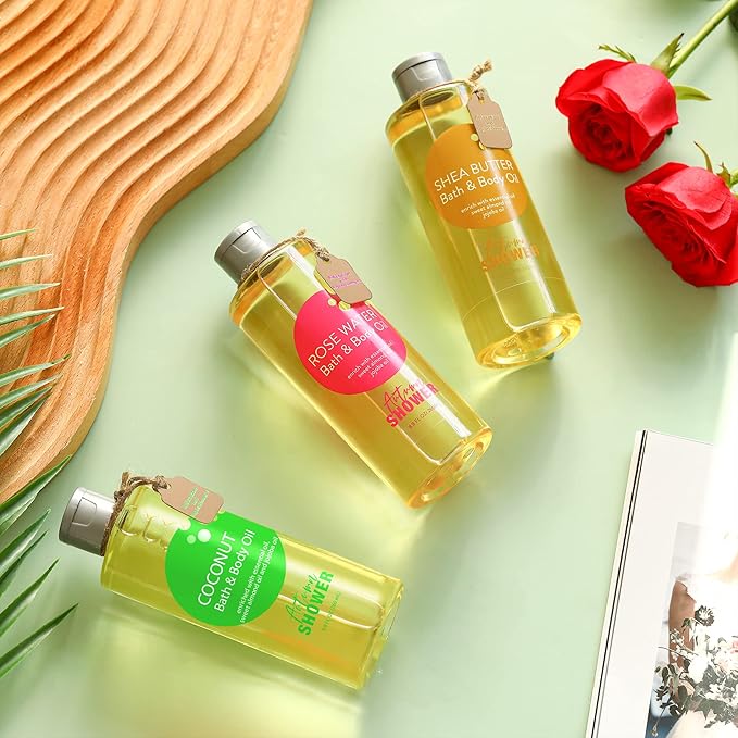 Bath and Body Oil with Sweet Almond Jojoba, Shea Butter, Rose Water, Coconut Bath Oils Mother's Day Gift for Women, Multiuse Oil for Hair Dry Skin 26.4 fl oz (Pack of 3)